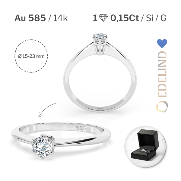 0,15 Karat Diamant Verlobungsring mit 1 Diamanten, Weißgold 585 / 14K, Weite 48 mm, Gewicht ca. 1.5 g.