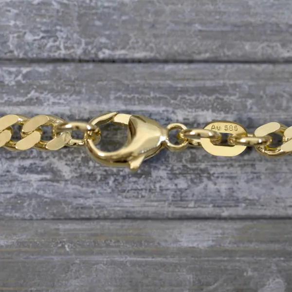 Armband als Panzerkette flach in Gelbgold 585 / 14K, 14 cm lang, 4,1 mm breit, Gewicht ca. 6 g.