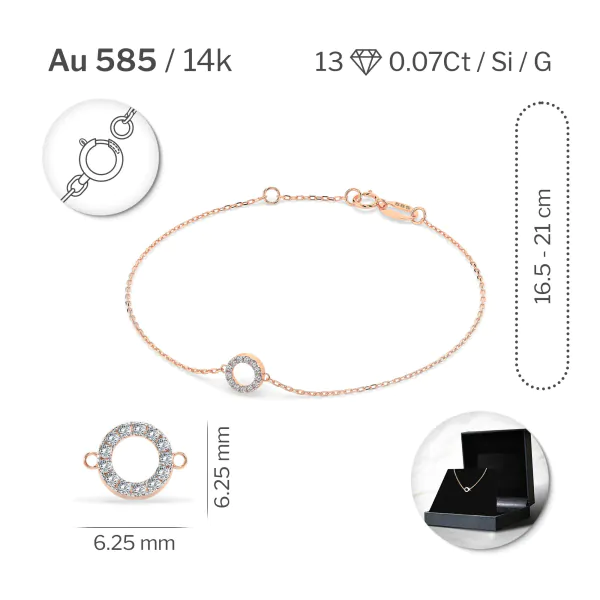 Goldarmband als Ankerkette mit 0,07 Karat Diamanten, Rotgold 585 / 14 Karat, 21 cm lang, Gewicht ca. 0,8 g.