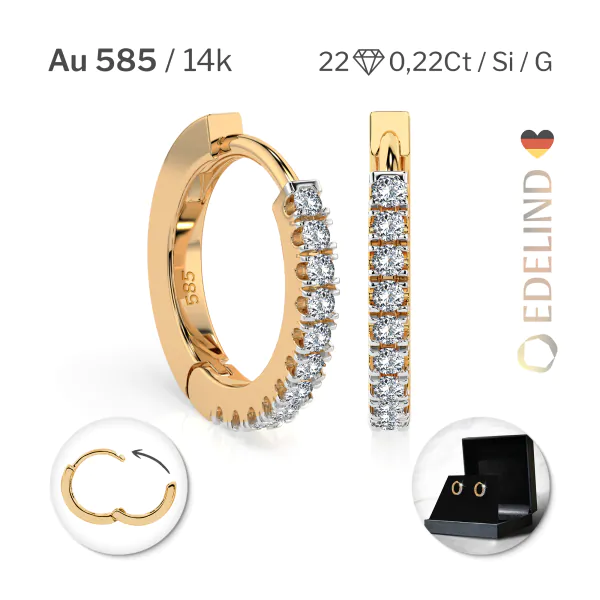 0,22 Karat Diamant Creolen, Gelbgold 585 / 14 Karat, Gewicht ca. 2 g.