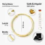 Ohrringe, Creolen, Gelbgold 585 / 14K, Außendurchmesser 20 mm, Breite 1.5 mm, Gewicht ca. 0.7 g