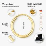 Ohrringe, Creolen, Gelbgold 585 / 14K, Außendurchmesser 15 mm, Breite 2 mm, Gewicht ca. 0.5 g