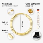 Ohrringe, Creolen, Gelbgold 585 / 14K, Außendurchmesser 20 mm, Breite 2 mm, Gewicht ca. 0.7 g