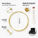 Ohrringe, Creolen, Gelbgold 585 / 14K, Außendurchmesser 60 mm, Breite 2 mm, Gewicht ca. 2.7 g