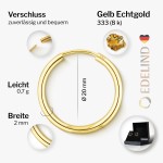 Ohrringe, Creolen, Gelbgold 333 / 8K, Außendurchmesser 20 mm, Breite 2 mm, Gewicht ca. 0.7 g