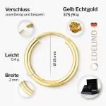 Ohrringe, Creolen, Gelbgold 375 / 9K, Außendurchmesser 15 mm, Breite 2 mm, Gewicht ca. 0.4 g.