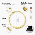 Ohrringe, Creolen, Gelbgold 375 / 9K, Außendurchmesser 30 mm, Breite 2 mm, Gewicht ca. 1.0 g