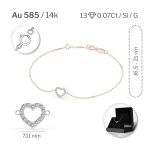 Herz Goldarmband als Ankerkette mit 0,07 Karat Diamanten, Rotgold 585 / 14 Karat, 18,5 cm lang, Gewicht ca. 0,8 g.