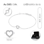 Herz Goldarmband als Ankerkette mit 0,07 Karat Diamanten, Weißgold 585 / 14 Karat, 18,5 cm lang, Gewicht ca. 0,8 g.