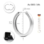 Ohrringe, Creolen, Weißgold 585 / 14K, Außendurchmesser 20 mm, Breite 2.7 mm, Gewicht ca. 4.8 g