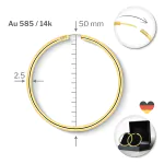 Ohrringe, Creolen, Gelbgold 585 / 14K, Außendurchmesser 50 mm, Breite 2.5 mm, Gewicht ca. 2.8 g