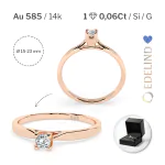 0,06 Karat Diamant Verlobungsring mit 1 Diamanten, Rotgold 585 / 14K, Weite 54 mm, Gewicht ca. 1.5 g.