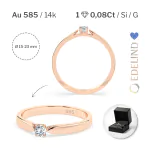 0,08 Karat Diamant Verlobungsring mit 1 Diamanten, Rotgold 585 / 14K, Weite 64 mm, Gewicht ca. 1.9 g.