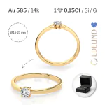 0,15 Karat Diamant Verlobungsring, Gelbgold 585 / 14K, Weite 48 mm, Gewicht ca. 1.4 g.