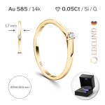 0,05 Karat Diamant Verlobungsring, Gelbgold 585 / 14K, Weite 50 mm, Gewicht ca. 1.9 g.