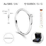 0,05 Karat Diamant Verlobungsring, Weißgold 585 / 14K, Weite 56 mm, Gewicht ca. 1.9 g.