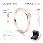 0,10 Karat Diamant Verlobungsring, Rotgold 585 / 14K, Breite 2 mm, Weite 49 mm, Gewicht ca. 2.2 g.