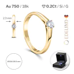 0,20 Karat Diamant Verlobungsring, Gelbgold 750 / 18K, Breite 2,3 mm, Weite 51mm, Gewicht ca. 2.46 g.