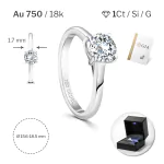1 Karat Diamant Ring mit GIA Zertifikat, Weißgold 750 / 18K, Breite 1,7 mm,Weite 50 mm, Gewicht ca. 3.41 g.