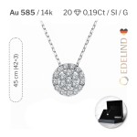 Diamantanhänger in 0,19 Karat, Weißgold 585 / 14 Karat, mit einer 585ger Goldkette in 45 (42+3) cm lang, Gewicht ca. 1,8 g.