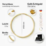 Ohrringe, Creolen, Gelbgold 750 / 18K, Außendurchmesser 50 mm, Breite 2 mm, Gewicht ca. 2.3 g