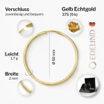 EDELIND Ohrringe, Creolen, Gelbgold 375 / 9K, Außendurchmesser 50 mm, Breite 2 mm, Gewicht ca. 1.7 g
