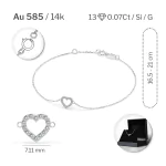 Herz Goldarmband als Ankerkette mit 0,07 Karat Diamanten, Weißgold 585 / 14 Karat, 21 cm lang, Gewicht ca. 0,8 g.