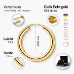 Ohrringe, Creolen, Gelbgold 585 / 14K, Außendurchmesser 20 mm, Breite 2.5 mm, Gewicht ca. 1.1 g