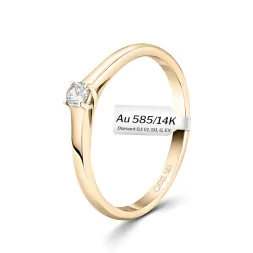 0,10 Karat Diamant Verlobungsring, Gelbgold 585 / 14K, Breite 2 mm, Weite 50 mm, Gewicht ca. 2.2 g.